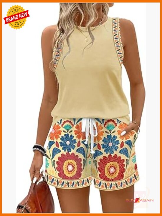Tops - Women's 2 Piece Floral Tank Top and Shorts Set Summer Outfits
